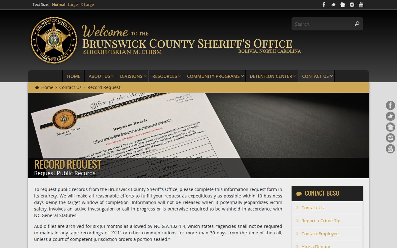 Brunswick County BCSO booking records request page